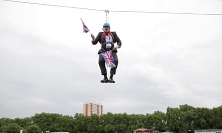 Mayor of London Boris Johnson after he gets stuck on a zipwire during BT London Live in Victoria Park in August 2012.