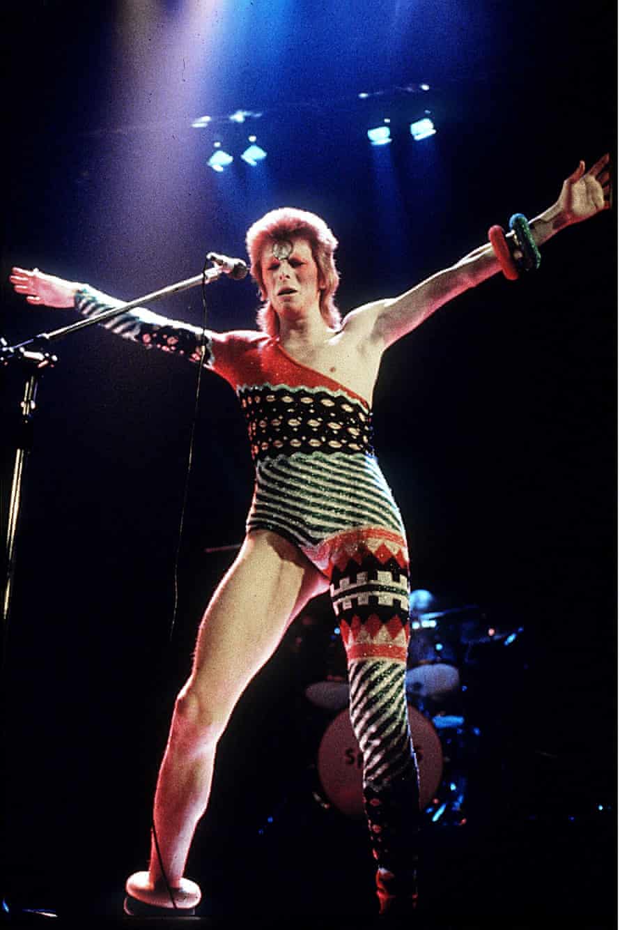 David Bowie in 1973 on his Ziggy Stardust tour wearing a Kansai Yamamoto knitted jumpsuit.