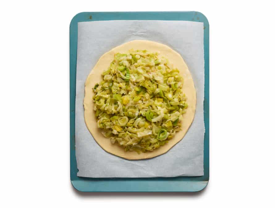 Felicity’s perfect cheese pithiviers stage 6. Cut out out a pastry circle, put the leeks in the centre.