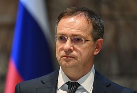 Russian presidential aide, Vladimir Medinsky, gives an statement to journalists at the Russian consulate in Istanbul on 16 May 2025.