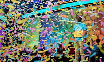 Bruhat Soma, 12, of Tampa, Florida, stands amid confetti after winning the Scripps National Spelling Bee on Thursday in Oxon Hill, Maryland.