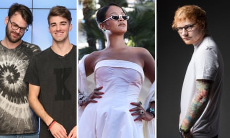 Chamberlains of chill ... from left, The Chainsmokers, Rihanna and Ed Sheeran.