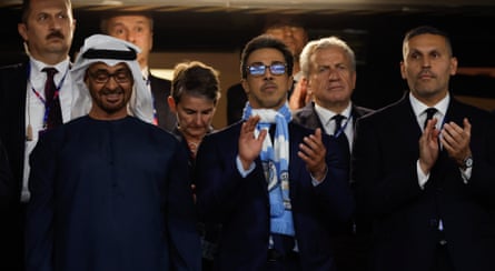 Manchester City owner Sheikh Mansour (centre) next to the chairman Khaldoon al-Mubarak (right) at the 2023 Champions League final where City beat Internazionale.