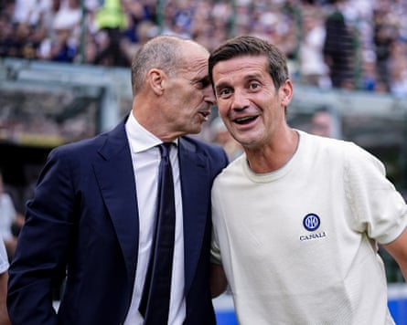 Massimiliano Allegri and Cristian Chivu greet each other before the Serie A match between Inter and Napoli