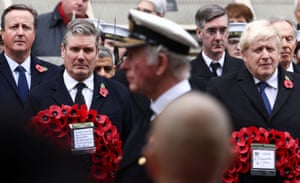 Prince Charles (foreground) and (left to right): the former prime minister David Cameron; the Labour leader, Keir Starmer; the leader of the House of Commons, Jacob Rees-Mogg; and the prime minister, Boris Johnson, attend the Remembrance Sunday ceremony at the Cenotaph in Whitehall