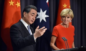 Chinese foreign minister Wang Yi with his Australian counterpartJulie Bishop at Parliament House in Canberra on Tuesday
