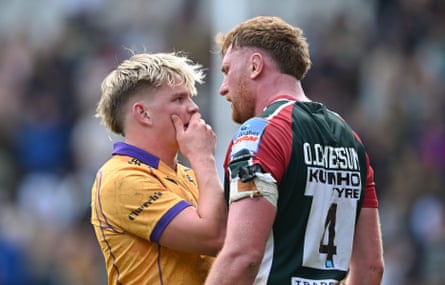 Northampton’s Henry Pollock and Leicester’s Ollie Chessum exchange words at the final whistle
