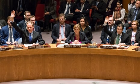 US ambassador to the UN Samantha Power watches as the other fourteen members of the Security Council vote for resolution 2334 