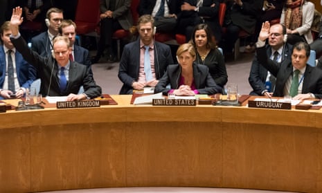 The United Nations security council passes resolution 2334 condemning Israeli settlement building on 23 December 2016 with the United States abstaining.