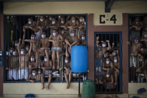 Members of the MS-13 and 18 gangs in an overcrowded cell at Quezaltepeque prison in El Salvador
