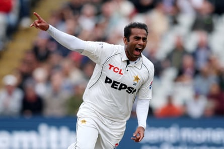 Pakistan's Mohammad Ali celebrates after taking the wicket of England's Joe Root before it is ruled out because of a no-ball.
