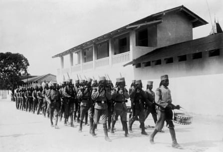 Troops under German command in Dar Es Salaam, Tanzania (then part of German East Africa), circa 1914.