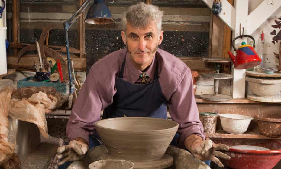 Hands of clay: Jim Ranson in the shed he built at the end of his garden in Bognor Regis. He says making pots is an ‘inexhaustible well of experimentation’. 