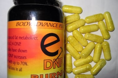A bottle of yellow DNP pill capsules purchased online