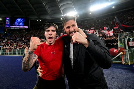Sandro Tonali, a 22-year-old midfielder, and Olivier Giroud, a 35-year-old forward, enjoy Milan’s win at Lazio. A blend of youth and experience has proved successful.