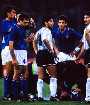 Gianluca Vialli stares at Diego Maradona during a break in play in the 1990 World Cup semi-final between Italy and Argentina in Naples. Maradona and his Argentina side prevailed 4-3 on penalties after a 1-1 draw.