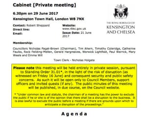A notice of the private meeting on the Grenfell Tower fire.