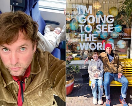 A composite picture of a man and a girl on a train, and sitting on a bench outside a shop