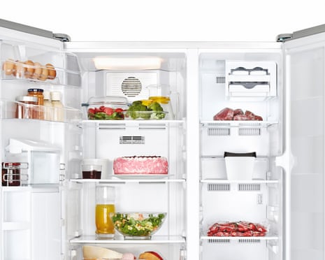 Refrigerator interior<br>Full, open refrigerator.