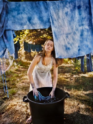 Indigo Dyeing, Johns Island, South Carolina, 2016 Holly: The repetitive, dancelike movements of the people I photograph captivate me.‘The sun filters through the hanging marbled blue clothes, it dots the side of my cheek, turning it pink. Dip, swirl, lift, dip again’. poetry extract by — Madeline Poole