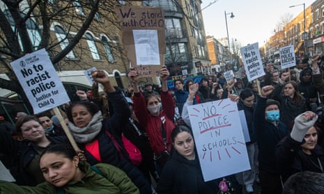 A protest at Stoke Newington police station in London, after it was revealed a 15-year-old black schoolgirl was strip-searched by police in her school.