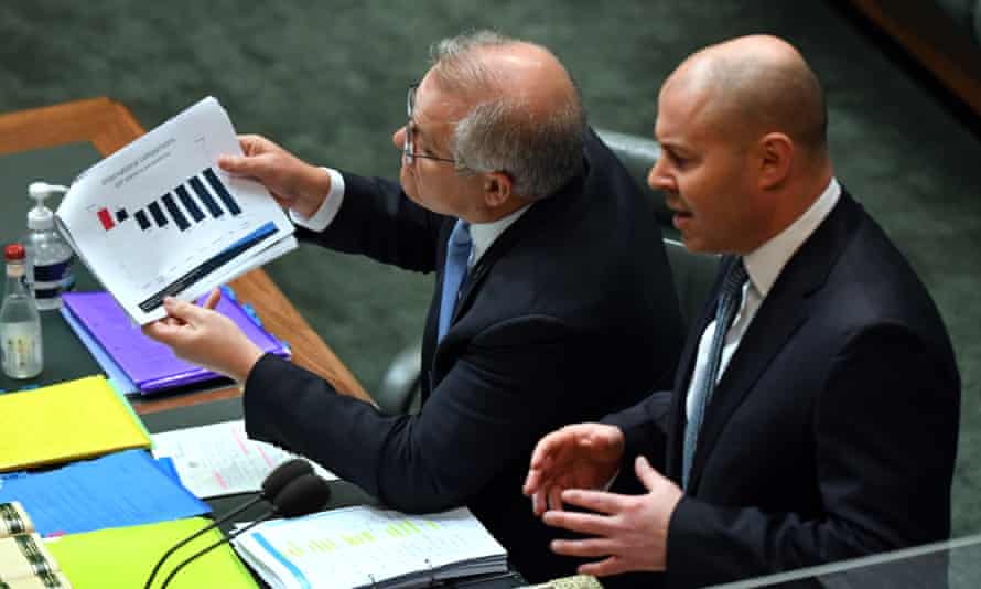 Australian prime minister Scott Morrison and treasurer Josh Frydenberg in parliament