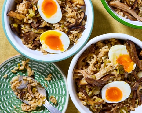 Meera Sodha's mushroom claypot rice in bowls on a table