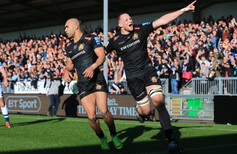 Exeter Chiefs’ Jonny Hill (right) celebrates with Olly Woodburn, after Woodburn scores a try during the Gallagher Premiership match at Sandy Park
