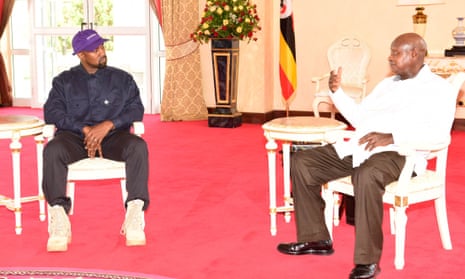 Kanye West and President Yoweri Museveni at the State House in Entebbe, Uganda, on Monday.