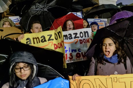 Demonstrators protest against the planned Amazon office hub in the Long Island City neighborhood in the Queens borough of New York.