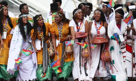 Dancers welcome Eritrea’s leader, Isaias Afwerki, to Addis Ababa.