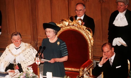 The Queen making the speech at Guildhall in London in 1992 in which she referred to the previous year, during which the Prince and Princess of Wales announced their separation, and Windsor Castle was damaged in a fire, as her annus horribilis.