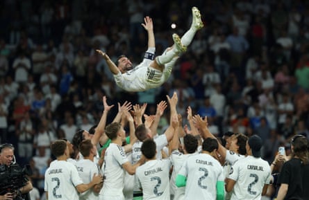 Dani Carvajal is thrown into the air by his teammates after playing his last match for Real Madrid