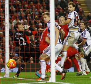 Jonas Olsson (right) scores West Brom’s second goal at Anfield. Only a late Divock Origi leveller saved Jürgen Klopp’s team from a shock defeat.