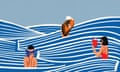 Illustration by Paul Thurlby of people among sea waves reading books