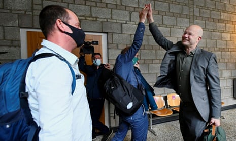 Donald Pols, director of Milieudefensie, an environmental group, reacts after the verdict at the Hague.