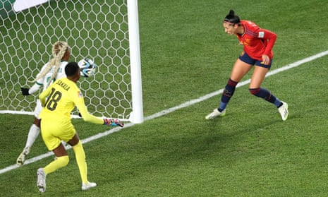 Jennifer Hermoso of Spain heads to score her team's second goal during the Women's World Cup 2023 group game against Zambia.