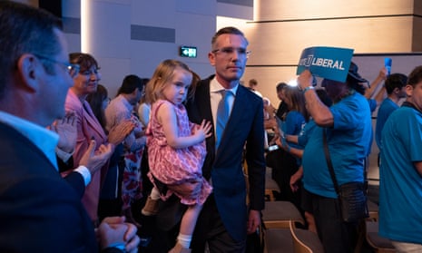 NSW premier Dominic Perrottet with his daughter during the Liberal party campaign launch.