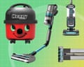 Four vacuum cleaners, including a red canister model and cordless stick vacuums, displayed together