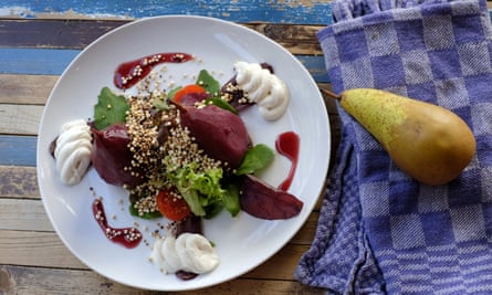 Dish of food featuring beetroot and salad from Dwaze Zaken, Amsterdam, the Netherlands.