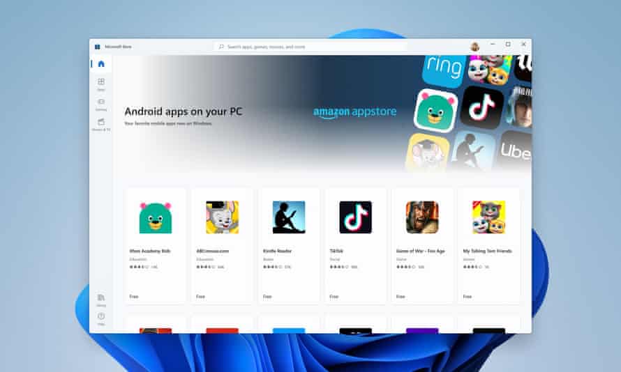 Microsoft Storeページには、統合されたAmazon App Storeが表示されます。これにより、ユーザーはWindows11にAndroidアプリをインストールできます。