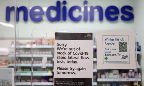 Boots pharmacy displaying sign saying it's run out of Covid test kits