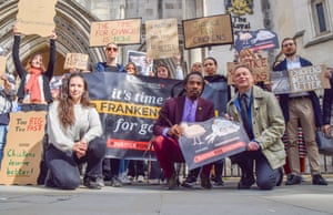 Benjamin Zephaniah with campaigners for justice for chickens including Megan McCubbin and Chris Packham outside the Royal Courts of Justice in 2023 as animal charity the Humane League UK takes legal action against the government over ‘frankenchickens’, chickens which are bred to grow at abnormal rates