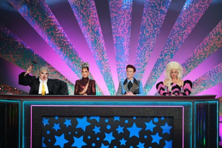 Lazy Susan, Michelle Visage, Rhys Nicholson and guest judge Beks on the first episode of Drag Race Down Under vs the World