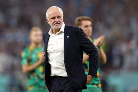 Graham Arnold reacts after the 1-2 defeat in the FIFA World Cup Qatar 2022 Round of 16 match between Argentina and Australia.