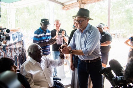 Anthony Albanese shakes hands with Yothu Yindi Foundation chair Galarrwuy Yunupingu his speech to Indigenous leaders, campaigners and advocates at the Garma festival in July last year.