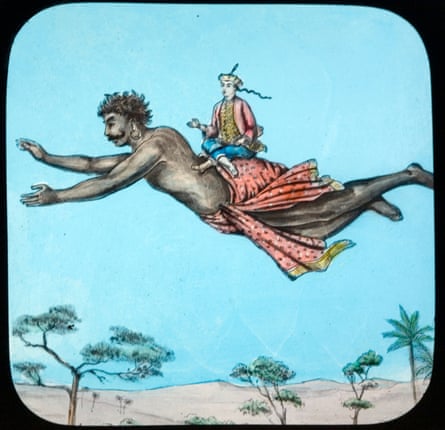 Aladdin rides on the jinni’s back in this Victorian magic lantern slide