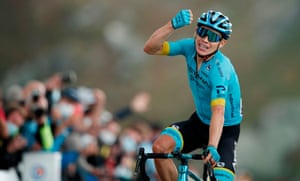 Miguel Angel Lopez celebrates as he crosses the finish line.