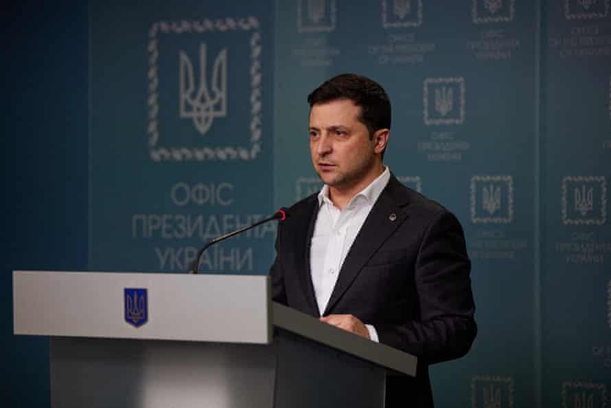 Ukrainian president Volodymyr Zelenskiy holds a briefing in Kyiv on February 24