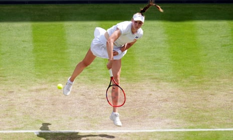 Elena Rybakina serving during a match